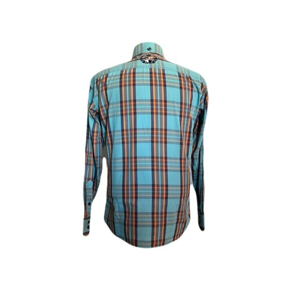 Bertigo 3 Medium Orange Blue Plaid Long Sleeve Button Front Shirt - Picture 3 of 5